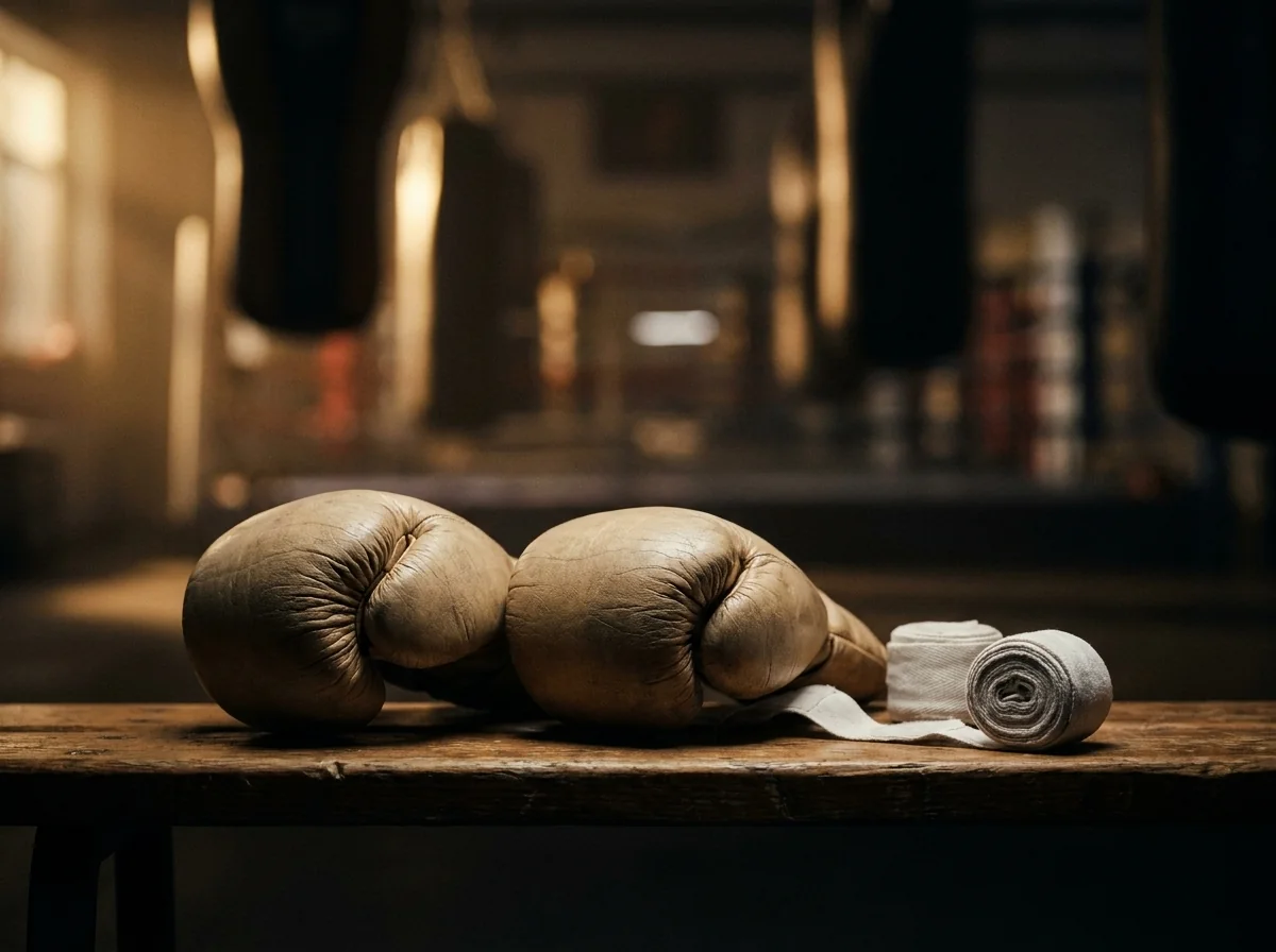 Gants de boxe en cuir naturel et bandes blanches dans un vestiaire premium du studio Bis Repetita à Genève
