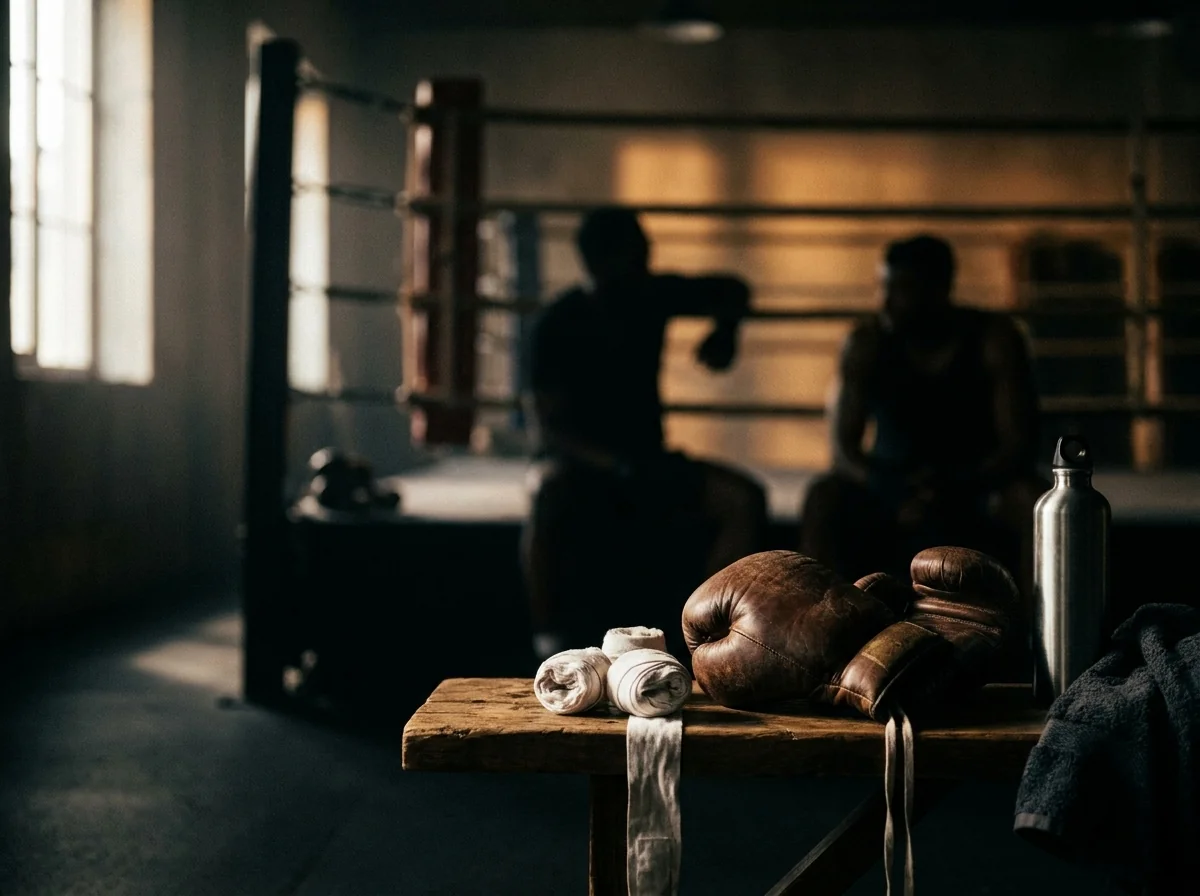 Ambiance d'un studio de boxe premium à Genève entre deux rounds d'une session corporate, gants et bandes posés au premier plan